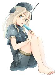 Rule 34 | 10s, 1girl, barefoot, blonde hair, blue eyes, cropped jacket, garrison cap, hair between eyes, hair ornament, hat, highres, kantai collection, long hair, looking at viewer, military, military uniform, nerokuro, open mouth, popsicle, puffy short sleeves, puffy sleeves, short sleeves, shorts, solo, u-511 (kancolle), uniform