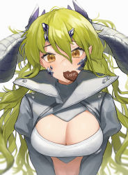 Rule 34 | 1girl, arknights, blush, breasts, brown eyes, candy, chocolate, chocolate heart, cleavage, estelle (arknights), food, green hair, hair between eyes, heart, high collar, highres, horns, jfjf, large breasts, long hair, long sleeves, messy hair, mouth hold, revision, scar, scar across eye, scar on face, simple background, solo, valentine, white background
