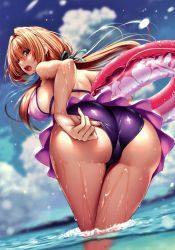 Rule 34 | 1girl, absurdres, adjusting clothes, adjusting swimsuit, ass, bare shoulders, beach, bikini, blonde hair, blue sky, blush, breasts, day, from behind, hair intakes, highres, hiiragi sano, holding, holding swim ring, innertube, large breasts, leaning forward, long hair, looking at viewer, looking back, ocean, open mouth, original, piromizu, purple bikini, red eyes, scan, shoulder blades, sidelocks, sky, solo, swim ring, swimsuit, wading, wet