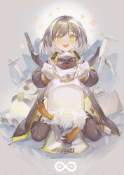 Rule 34 | 1boy, 1girl, :d, absurdres, arknights, beanie, bird, black coat, black pantyhose, blush, chinese commentary, coat, commentary request, drone, earrings, full body, grey hair, gun, hat, highres, holding, holding gun, holding weapon, jewelry, looking at viewer, magallan (arknights), open mouth, pantyhose, penguin, rhine lab logo, shirt, short hair, shuaigegentou, single earring, smile, sparkling eyes, sunglasses, teeth, emperor (arknights), upper teeth only, weapon, white headwear, white shirt, yellow eyes