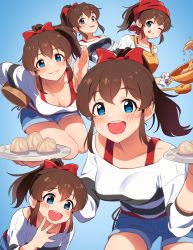 Rule 34 | 1girl, ;q, blue eyes, blush, breasts, brown hair, cleavage, cooking, dumpling, food, head scarf, highres, idolmaster, idolmaster million live!, idolmaster million live! theater days, kamille (vcx68), long hair, looking at viewer, medium breasts, one eye closed, open mouth, plate, ponytail, poses, ribbon, satake minako, shirt, short hair, smile, solo, striped clothes, striped shirt, tongue, tongue out, wok