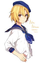 Rule 34 | 10s, 1boy, blonde hair, character name, ensemble stars!, hat, looking at viewer, male focus, nito nazuna, sailor, sailor hat, simple background, solo, tama (songe), white background
