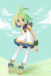 Rule 34 | 1girl, :d, ankle boots, antenna hair, arms at sides, black hair, blue bow, blue sky, boots, bow, brown footwear, cloud, day, dress, earrings, full body, gradient hair, grass, green eyes, green hair, jewelry, leaning forward, long hair, looking at viewer, low ponytail, marona (phantom brave), multicolored hair, open mouth, outdoors, phantom brave, plant, sky, sleeveless, sleeveless dress, smile, solo, standing, thighhighs, white dress, white thighhighs, wristband, zettai ryouiki