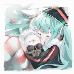 Rule 34 | 1girl, 1other, :3, animal, animal hug, binoculars, black coat, black gloves, blush stickers, closed eyes, coat, crab, curled up, fur-trimmed coat, fur-trimmed hood, fur trim, gloves, hair ribbon, hat, hatsune miku, highres, hood, hood up, knees up, long hair, military uniform, naval uniform, peaked cap, rabbit, rabbit yukine, red ribbon, red thighhighs, revision, ribbon, sleeping, smile, striped clothes, striped thighhighs, thighhighs, twintails, twitter username, uniform, very long hair, vocaloid, wavy hair, white thighhighs, yuki miku, yuki miku (2022), yuta 2341