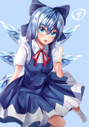 Rule 34 | 1girl, absurdres, blouse, blue background, blue bow, blue dress, blue eyes, blue hair, bow, circled 9, cirno, collared shirt, commentary request, dress, food, foot out of frame, foreshortening, hair between eyes, hair bow, head tilt, highres, holding, holding food, holding ice cream, ice, ice cream, ice wings, looking at viewer, mahoro (minase mahoro), medium hair, neck ribbon, no shoes, open mouth, pinafore dress, popsicle, red ribbon, ribbon, shirt, short sleeves, sleeveless, sleeveless dress, socks, solo, teeth, touhou, upper teeth only, white shirt, white socks, wings