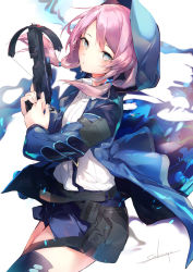 Rule 34 | 1girl, arknights, artist name, blue jacket, blue poison (arknights), blue poison (elite ii) (arknights), blue skirt, blush, bow (weapon), commentary request, crossbow, grey eyes, highres, holding, holding bow (weapon), holding crossbow, holding weapon, hood, hooded jacket, jacket, long hair, long sleeves, looking at viewer, low twintails, miniskirt, open clothes, open jacket, pink hair, pouch, sakusyo, shirt, signature, simple background, skirt, solo, thighhighs, twintails, weapon, white background, white shirt, zettai ryouiki