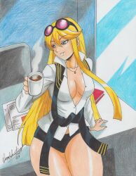 Rule 34 | 1girl, 2023, absurdres, blonde hair, breasts, cleavage, coffee, collar, commission, desk, digimon, female focus, glasses on head, grey eyes, hair ornament, hairpin, highres, indoors, jacket, large breasts, long hair, medium breasts, on desk, panties, paper, pink hair, ravernclouk design, shiramine nokia, sitting, on desk, solo, twintails, underwear, white jacket, window