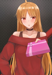 Rule 34 | 1girl, absurdres, ahoge, bare shoulders, black choker, blonde hair, bocchi the rock!, box, choker, collarbone, gift, gift box, gotoh hitori, gotoh hitori (octopus), highres, holding, holding gift, ijichi seika, incoming gift, long hair, long sleeves, off-shoulder sweater, off shoulder, onemuikun-b, open mouth, red eyes, red sweater, solo, sweater, tsundere, upper body, valentine