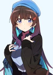 Rule 34 | 1girl, absurdres, aqua hair, bag, beret, black jacket, black skirt, blue eyes, blue hat, blue nails, blush, breasts, brown hair, closed mouth, collarbone, collared shirt, colored inner hair, commentary request, earrings, hair ornament, hand on own chest, hands up, hat, highres, jacket, jewelry, kazenoko, long hair, long sleeves, looking at viewer, male focus, multicolored hair, nail polish, open clothes, open jacket, original, shirt, shirt tucked in, shoulder bag, sidelocks, simple background, skirt, sleeves past wrists, small breasts, solo, striped clothes, striped shirt, tareme, two-tone hair, upper body, whale earrings, white background