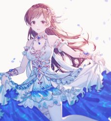 Rule 34 | 1girl, armlet, bad id, bad pixiv id, blue dress, braid, brown hair, dress, earrings, flower, frilled dress, frills, hair flower, hair ornament, highres, holding, holding clothes, holding dress, idolmaster, idolmaster cinderella girls, idolmaster cinderella girls starlight stage, jewelry, long hair, looking at viewer, migolu, necklace, nitta minami, open mouth, petals, red eyes, simple background, solo, swept bangs, white background