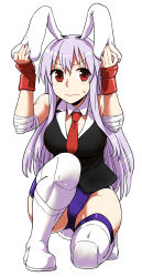 Rule 34 | 1girl, alternate costume, animal ears, blush, boots, breasts, cleavage, female focus, full body, hand on own ear, highres, itou yuuji, light purple hair, long hair, medium breasts, necktie, on one knee, purple hair, rabbit ears, rabbit girl, rabbit tail, red eyes, red necktie, reisen udongein inaba, simple background, solo, sweatdrop, tail, thighhighs, touhou, wavy mouth, white background, wrestling outfit
