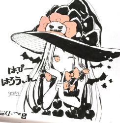 Rule 34 | 1girl, ;o, abigail williams (fate), abigail williams (third ascension) (fate), animal, bat (animal), bow, fate/grand order, fate (series), hands up, hat, hat bow, index finger raised, one eye closed, orange bow, orange eyes, parted bangs, parted lips, photo (medium), revealing clothes, signature, simple background, sofra, solo, traditional media, translation request, upper body, white background, witch hat