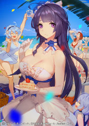 Rule 34 | 5girls, :d, :t, ^ ^, ahoge, arm up, arms up, artist name, bag, bare shoulders, basket, beach, beach towel, bikini, bikini under clothes, black hairband, blouse, blue dress, blue flower, blue rose, blue sky, bow, bowtie, braid, breasts, bronya zaychik, cake, cake slice, casual one-piece swimsuit, center frills, cleavage, clenched hand, closed eyes, closed mouth, cloud, collarbone, cup, day, dress, drill hair, drinking, drinking glass, duffel bag, eating, facing viewer, flower, food, food on face, fork, frilled dress, frills, front-tie bikini top, front-tie top, fruit, gloves, grey shirt, hair flower, hair ornament, hair over shoulder, hairband, han-0v0, highres, holding, holding cup, holding drinking glass, holding fork, holding plate, honkai (series), honkai impact 3rd, innertube, jewelry, kiana kaslana, large breasts, leg up, long hair, multiple girls, murata himeko, necklace, ocean, one-piece swimsuit, open clothes, open mouth, open shirt, palm leaf, pendant, plate, purple eyes, purple hair, raiden mei, raiden mei (valkyrie bladestrike), red bikini, red hair, red ribbon, ribbon, rose, sand, sandals, shirt, shore, short sleeves, side braid, sideways mouth, single braid, sky, sleeveless, sleeveless dress, smile, standing, standing on one leg, straight hair, strapless, strapless dress, strawberry, striped clothes, striped shirt, swim ring, swimsuit, table, theresa apocalypse, towel, twin drills, twintails, vertical-striped clothes, vertical-striped shirt, very long hair, white bow, white dress, white gloves, yellow one-piece swimsuit