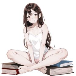 Rule 34 | 1girl, bare shoulders, barefoot, between legs, blush, bodhigust, book, breasts, brown eyes, brown hair, camisole, collarbone, commentary, feet, full body, hand between legs, head tilt, highres, indian style, long hair, looking at viewer, original, pink shorts, short shorts, shorts, sidelocks, simple background, sitting, small breasts, smile, solo, toes, white background, white camisole