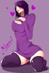 Rule 34 | 1girl, black hair, black panties, black thighhighs, blush, blush stickers, breasts, cameltoe, character name, cleavage, cleavage cutout, clothing cutout, dress, full body, heart, highres, kneeling, large breasts, looking at viewer, meme attire, mileena (mortal kombat), mortal kombat (series), mortal kombat 9, open-chest sweater, open mouth, out of character, pale skin, panties, pantyshot, ribbed sweater, rozothoth, sharp teeth, short hair, smile, solo, sweater, sweater dress, teeth, thighhighs, thighs, turtleneck, underwear, yellow eyes