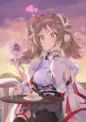 Rule 34 | + +, 1girl, absurdres, animal ears, arknights, breasts, brown hair, cake, cake slice, cloud, coat, coat on shoulders, commentary request, eating, eyjafjalla (arknights), eyjafjalla the hvit aska (arknights), food, fork, grey skirt, hand up, heart, highres, holding, holding fork, horns, long hair, medium breasts, outdoors, pleated skirt, red eyes, shitomu1, sitting, skirt, sky, solo, sunset, twintails, white coat, white horns