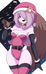 Rule 34 | 1girl, bag, bare shoulders, belt, bigdead, black gloves, breasts, christmas, cleavage, collarbone, elbow gloves, gloves, hair over one eye, half-closed eyes, hat, legs, leotard, little witch academia, long hair, medium breasts, open mouth, purple hair, red thighhighs, santa hat, smile, solo, sucy manbavaran, teeth, thighhighs, tongue