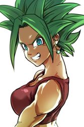 Rule 34 | 10s, 1girl, bare shoulders, blue eyes, breasts, close-up, dragon ball, dragon ball super, earrings, eyelashes, green hair, grin, jewelry, kefla (dragon ball), kemachiku, large breasts, potara earrings, shaded face, simple background, sleeveless, smile, solo, sparkle, spiked hair, super saiyan, tank top, teeth, upper body, white background