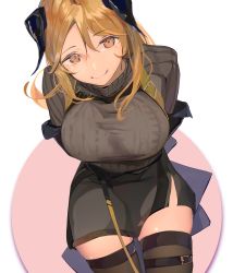 Rule 34 | 1girl, absurdres, arknights, arm support, black gloves, black ribbon, black skirt, black thighhighs, breasts, brown eyes, brown hair, commentary, cowboy shot, elbow gloves, gloves, grey sweater, highres, horns, large breasts, long hair, looking at viewer, looking up, meteorite (arknights), pointy ears, ribbed sweater, ribbon, simple background, sinoda, sitting, skindentation, skirt, smile, solo, sweater, thighhighs, turtleneck, turtleneck sweater, very long hair, white background