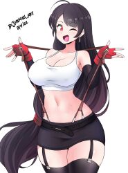 Rule 34 | 1girl, absurdres, artist name, black hair, black skirt, black thighhighs, breasts, brown eyes, cleavage, commentary, crop top, dated, final fantasy, final fantasy vii, fingerless gloves, garter straps, gloves, highres, jarckius, large breasts, long hair, looking at viewer, low-tied long hair, midriff, miniskirt, navel, one eye closed, open mouth, red gloves, skirt, smile, solo, suspenders pull, thighhighs, tifa lockhart, very long hair, white background
