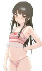 Rule 34 | 1girl, bikini, black hair, blunt bangs, blush, breasts, brown eyes, floral print, hand on own hip, hatsuyuki (kancolle), highres, hime cut, kantai collection, long hair, looking at viewer, open mouth, pink bikini, sakieko, simple background, small breasts, solo, swimsuit, white background