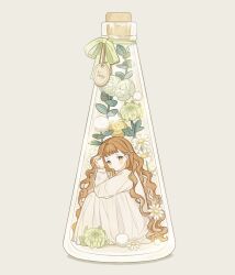 Rule 34 | 1girl, absurdres, blunt bangs, blush, bottle, brown background, brown dress, brown hair, closed mouth, cork, corked bottle, dress, expressionless, flower, flower request, green eyes, green flower, green ribbon, hair ornament, hair ribbon, hands up, highres, hinnya, in bottle, in container, leaf, long hair, long sleeves, looking at viewer, looking to the side, original, own hands together, plant, ribbon, simple background, sitting, solo, very long hair, wavy hair, white flower, white ribbon, yellow flower