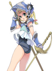 Rule 34 | 1girl, armor, ass, bandages, blonde hair, braid, dual wielding, fang, gauntlets, green eyes, helmet, highres, holding, holding sword, holding weapon, kouno (masao), looking at viewer, one-piece swimsuit, original, parted lips, rabbit tail, rapier, shoulder armor, solo, swimsuit, sword, tail, weapon