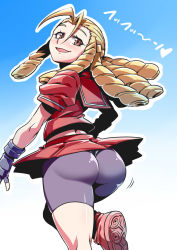 Rule 34 | 1990s (style), 1girl, antenna hair, ass, bike shorts, blonde hair, brown eyes, capcom, drill hair, fingerless gloves, from behind, gloves, hair slicked back, highres, huge ass, jiggle, kanzuki karin, long hair, looking at viewer, open mouth, outline, retro artstyle, school uniform, shiny clothes, shiny skin, skirt, smile, solo, street fighter, street fighter zero (series), translation request, tukiwani, white outline