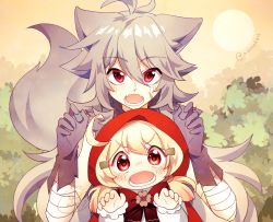 Rule 34 | 1boy, 1girl, :o, ahoge, alternate costume, animal ears, bandaged arm, bandages, big bad wolf, big bad wolf (grimm) (cosplay), claw pose, clover, cosplay, facial scar, fangs, four-leaf clover, genshin impact, gloves, grey gloves, grey hair, hair between eyes, hair ornament, hairpin, highres, kemonomimi mode, klee (genshin impact), light brown hair, little red riding hood, little red riding hood (grimm), little red riding hood (grimm) (cosplay), long hair, looking at viewer, low twintails, miomawla, orange eyes, razor (genshin impact), red eyes, red hood, scar, scar on cheek, scar on face, sidelocks, size difference, tail, twintails, wolf ears, wolf tail