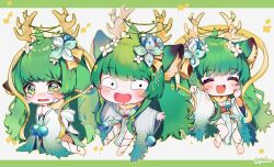 Rule 34 | :d, animal ear fluff, animal ears, antler ornament, antlers, artist name, blush, breasts, chibi, cleavage, cleavage cutout, closed eyes, clothing cutout, commentary, deer ears, dress, english commentary, flower, frog hair ornament, green dress, green eyes, green hair, hair flower, hair ornament, haruka karibu, horns, large breasts, long hair, looking at viewer, open mouth, reindeer antlers, reindeer girl, smile, smug, tears, virtual youtuber, vshojo, yuniiho