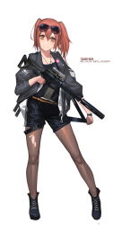 Rule 34 | 1girl, absurdres, assault rifle, black footwear, black jacket, black shirt, black shorts, black soldier, boots, brown legwear, closed mouth, eyewear on head, full body, gun, highres, holding, holding gun, holding weapon, jacket, long sleeves, looking at viewer, m4 carbine, military, orange eyes, orange hair, original, rifle, shirt, shorts, simple background, smile, solo, sunlight, torn clothes, torn legwear, twintails, watch, weapon, white background