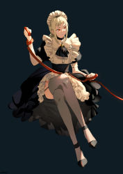 Rule 34 | 1girl, absurdres, bell, black choker, blonde hair, chainsaw man, champi, choker, crossed legs, dark background, dress, garter straps, high heels, highres, holding, holding leash, leash, looking at another, looking to the side, maid, maid headdress, medium hair, multicolored hair, pantyhose, red hair, roots (hair), sawatari akane (chainsaw man), sidelocks, simple background, sitting, solo, two-tone hair
