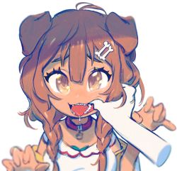 Rule 34 | 1girl, animal collar, animal ears, blush, bone hair ornament, braid, brown eyes, brown hair, cheek pull, collar, dog ears, dog girl, dog tail, dress, fangs, finger in another&#039;s mouth, hair between eyes, hair ornament, hairclip, highres, hololive, inugami korone, inugami korone (1st costume), jacket, long hair, looking at viewer, low twin braids, mouth pull, off shoulder, open mouth, pov, pov hands, red collar, saliva, sharp teeth, simple background, snout (artist), solo focus, tail, teeth, tongue, tongue out, twin braids, upper body, virtual youtuber, white background, white dress, yellow jacket