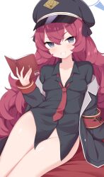 Rule 34 | 1girl, absurdres, armband, black hat, black shirt, blue archive, blush, book, breasts, female focus, grey eyes, grin, halo, hat, hayana neru, highres, holding, holding book, iroha (blue archive), jacket, jacket partially removed, long hair, looking at viewer, loose necktie, medium breasts, military hat, military jacket, necktie, no panties, no pants, off shoulder, peaked cap, red armband, red hair, red necktie, safety pin, shirt, simple background, smile, solo, wavy hair, white background