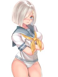 Rule 34 | 1girl, blue eyes, blush, breasts, gloves, hair ornament, hair over one eye, hairclip, hamakaze (kancolle), kantai collection, large breasts, looking at viewer, no pants, panties, school uniform, serafuku, short hair, silver hair, simple background, solo, suion 25.c, underwear, white gloves, white panties