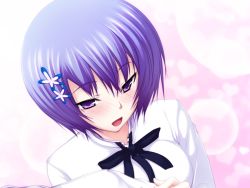 Rule 34 | 1girl, blue hair, hair ornament, kawagishi keitarou, maji de watashi ni koi shinasai!, open mouth, purple eyes, school uniform, shiina miyako, short hair, smile, solo