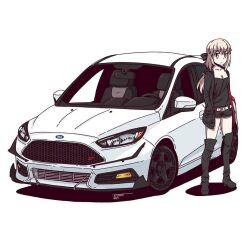 Rule 34 | 1girl, artoria pendragon (all), artoria pendragon (fate), belt, black bow, black footwear, black jacket, black shirt, black shorts, blonde hair, boots, bow, car, closed mouth, fate/grand order, fate (series), ford, ford focus st, hair bow, hand in pocket, jacket, jestami, knee boots, looking at viewer, medium hair, motor vehicle, open clothes, open jacket, pale skin, ponytail, saber alter, saber alter (ver. shinjuku 1999) (fate), shirt, shorts, signature, solo, vehicle focus, white belt, yellow eyes