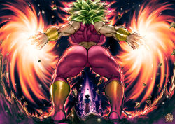 Rule 34 | ass, aura, backboob, blonde hair, bracelet, breasts, crop top, debris, dragon ball, dragon ball super, energy, floating, floating object, from behind, glowing, green hair, highres, huge breasts, impossible clothes, jewelry, kefla (dragon ball), muscular, muscular female, open hands, son goku, spiked hair, the golden smurf, thick thighs, thighs, ultra instinct