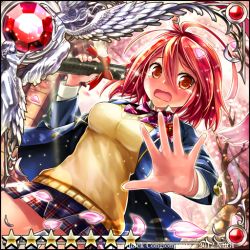 Rule 34 | .hack//, .hack//g.u., 00s, 1girl, ahoge, angel, blush, cherry blossoms, contemporary, embarrassed, gem, guilty dragon, kanipanda, open mouth, petals, plaid, plaid skirt, red eyes, red hair, school uniform, short hair, skirt, solo, star (symbol), sweater vest, wings, alkaid (.hack//)