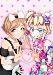 Rule 34 | 2girls, :p, aya shachou, bare shoulders, blonde hair, blue eyes, blush, brown hair, dress, gradient background, heart, heart arms, heart hands, heart hands duo, holding hands, multicolored hair, multiple girls, pretty series, pripara, short hair, silver hair, smile, star-shaped pupils, star (symbol), symbol-shaped pupils, tongue, tongue out