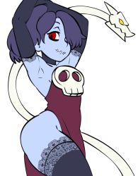 Rule 34 | 1girl, blue skin, colored skin, dress, dynamo heart, elbow gloves, gloves, hair over one eye, highres, red eyes, skullgirls, squigly (skullgirls), thighhighs, zombie