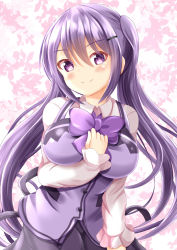Rule 34 | 1girl, black skirt, blush, breasts, closed mouth, collared shirt, commentary request, gochuumon wa usagi desu ka?, hair between eyes, hair ornament, hairclip, hand up, highres, large breasts, long hair, long sleeves, purple eyes, purple hair, purple vest, rabbit house uniform, shirt, skirt, sleeves past wrists, smile, solo, tedeza rize, twintails, uniform, very long hair, vest, waitress, white shirt, xenon (for achieve)