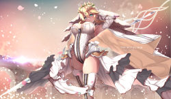 Rule 34 | 1girl, ahoge, armpits, artoria pendragon (fate), artoria pendragon (lancer) (fate), belt, blonde hair, blush, bodysuit, breasts, bridal veil, bride, chain, cleavage, commentary request, cosplay, fate/grand order, fate (series), flower, full-length zipper, garter straps, gloves, green eyes, highres, large breasts, leotard, lock, long hair, looking at viewer, medium breasts, nero claudius (bride) (fate), nero claudius (bride) (fate) (cosplay), nero claudius (bride) (second ascension) (fate), nero claudius (fate), nero claudius (fate) (all), open clothes, open skirt, outdoors, padlock, petals, polearm, single thighhigh, skindentation, skirt, smile, solo, spear, thighhighs, untue, veil, weapon, white footwear, white gloves, white skirt, white thighhighs, wind, wind lift, wreath, zipper, zipper footwear