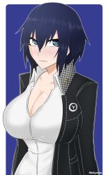 Rule 34 | 1girl, axel persona, blue eyes, blue hair, blush, breasts, cleavage, female focus, highres, huge breasts, matching hair/eyes, persona, persona 4, shirogane naoto, short hair, solo