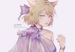Rule 34 | 1girl, animal ears, artist name, warrior of light (ff14), blonde hair, bow, braid, cat ears, clivenzu, closed mouth, commission, crown braid, english text, facial mark, final fantasy, final fantasy xiv, fingernails, flower, hair bow, hand up, looking at viewer, medium hair, miqo&#039;te, purple bow, purple eyes, purple flower, purple rose, rose, simple background, smile, solo, upper body, whisker markings, white background, wristband