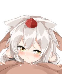 Rule 34 | 1boy, 1girl, animal ear fluff, animal ears, blush, commentary request, crying, crying with eyes open, cum, cum in mouth, deepthroat, fellatio, grey hair, hat, hetero, highres, houkai (collapse illust), inubashiri momiji, irrumatio, looking at viewer, open mouth, oral, penis, pov, pov crotch, pov hands, red hat, short hair, simple background, solo focus, tears, textless version, tokin hat, touhou, white background, wolf ears, wolf girl, yellow eyes