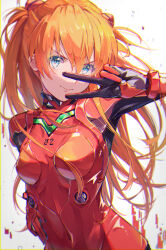Rule 34 | 1girl, :&gt;, absurdres, blue eyes, blush, bodysuit, breasts, brown hair, closed mouth, commentary, fuunyon, hair between eyes, hand on own hip, highres, interface headset, long hair, looking at viewer, medium breasts, neon genesis evangelion, orange hair, pilot suit, plugsuit, red bodysuit, science fiction, shiny clothes, sidelocks, simple background, solo, souryuu asuka langley, v, very long hair, white background