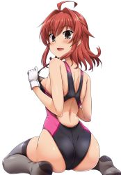 Rule 34 | 1girl, ahoge, alternate costume, arashi (kancolle), ass, asymmetrical hair, black eyes, black one-piece swimsuit, from behind, full body, gloves, grey thighhighs, highres, kantai collection, messy hair, one-piece swimsuit, red hair, simple background, sitting, skin tight, solo, swimsuit, thighhighs, two-tone swimsuit, white background, white gloves, yoshi tama