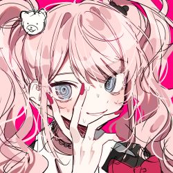 Rule 34 | 1girl, black choker, blonde hair, blue eyes, bow, brown background, choker, commentary request, crazy eyes, danganronpa: trigger happy havoc, danganronpa (series), enoshima junko, hair ornament, hand up, long hair, messy hair, patzzi, pink background, portrait, red bow, sketch, smile, solo, sweat, twintails, v over eye
