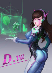 Rule 34 | 1girl, 2016, absurdres, armor, bad id, bad pixiv id, blue bodysuit, bodysuit, bracer, breasts, brown hair, character name, closed mouth, cowboy shot, d.va (overwatch), dated, eyelashes, facepaint, facial mark, from behind, gloves, glowing, glowing eyes, gradient background, hand on own hip, hand up, headphones, high collar, highres, holographic interface, legs together, lips, lize cai, long hair, looking at viewer, medium breasts, meka (overwatch), overwatch, overwatch 1, pauldrons, pilot suit, pink eyes, pink lips, ribbed bodysuit, shoulder armor, shoulder pads, signature, skin tight, smile, solo, turtleneck, twisted neck, whisker markings, white gloves